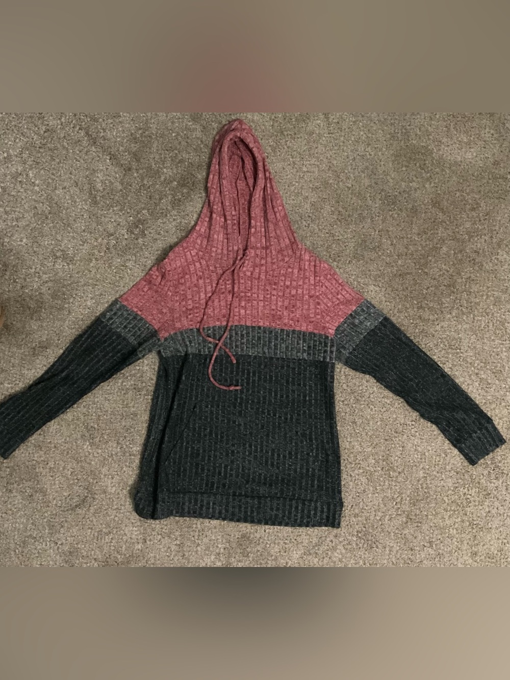 Colorblock Ribbed Knit Hooded Sweater Pullover Pink Charcoal Grey Small
